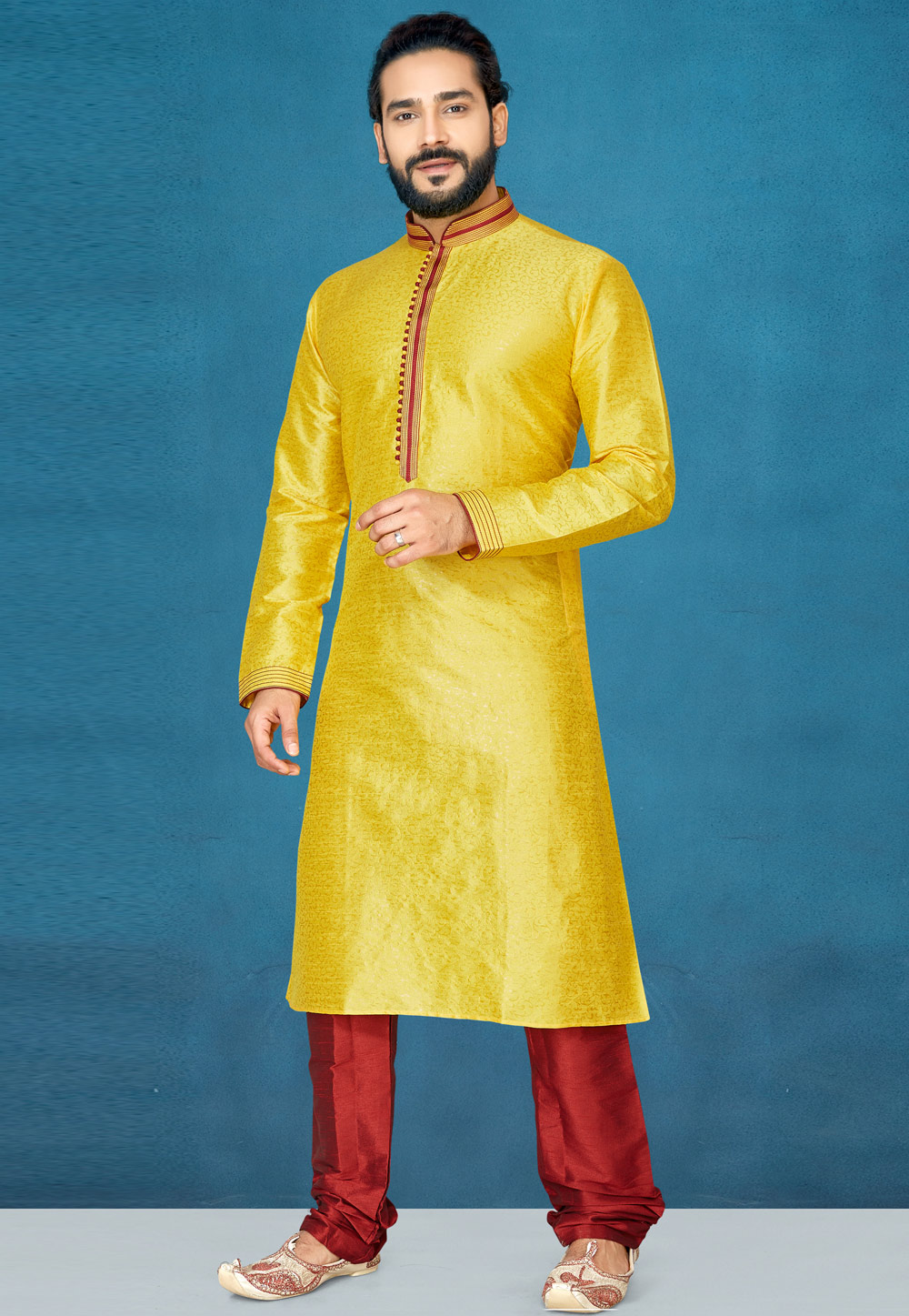 Yellow Silk Readymade Kurta Pajama 185676