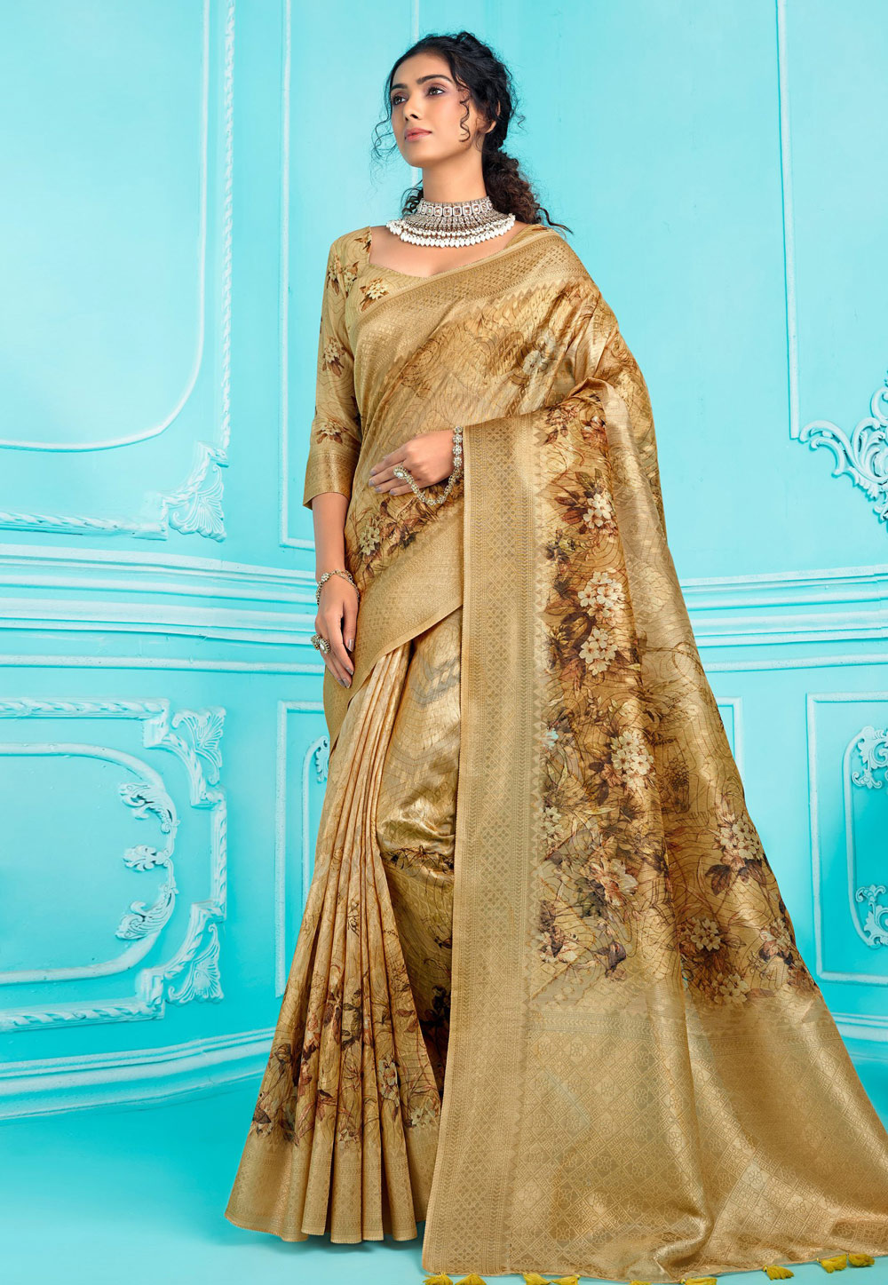 Beige Organza Saree With Blouse 275200