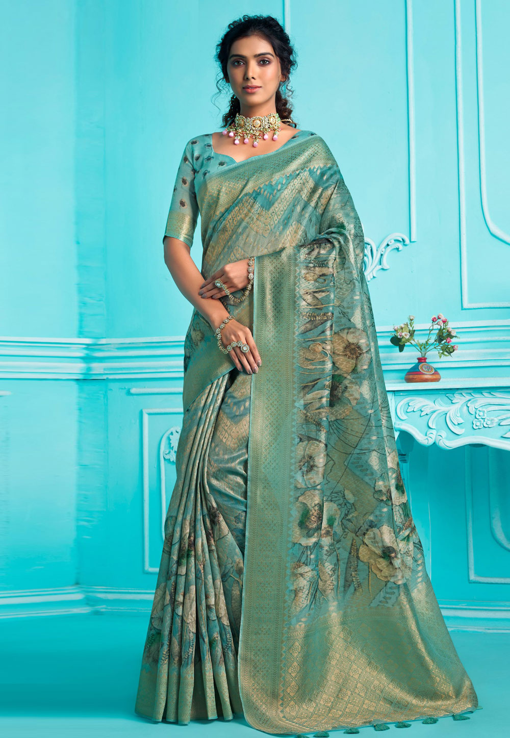 Sea Green Organza Saree With Blouse 275201