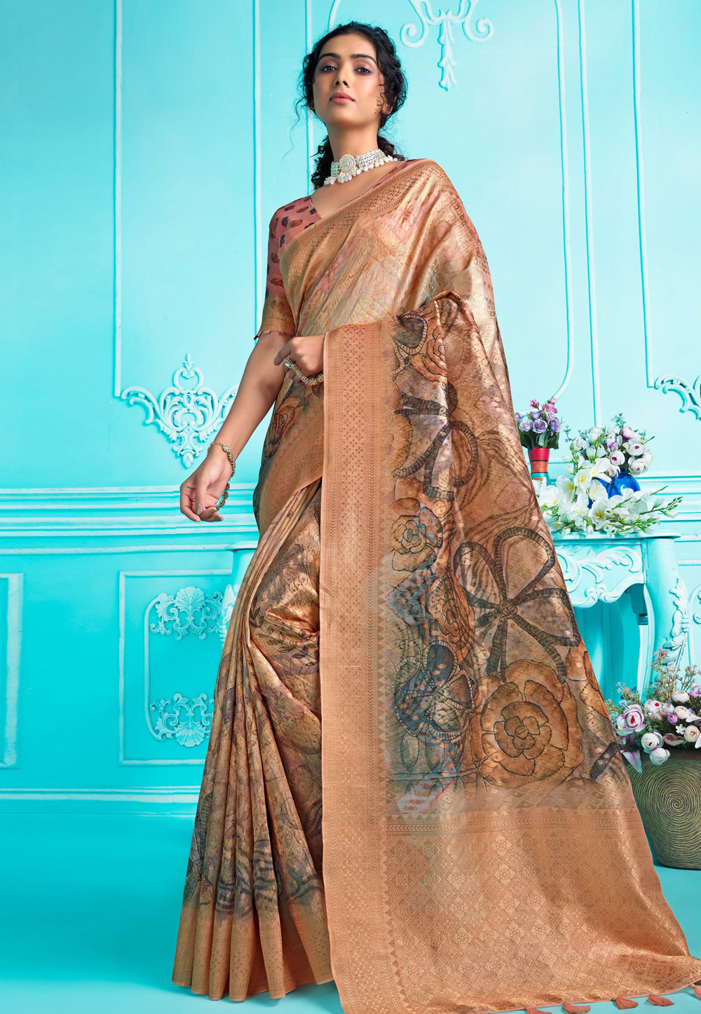 Peach Organza Saree With Blouse 275203
