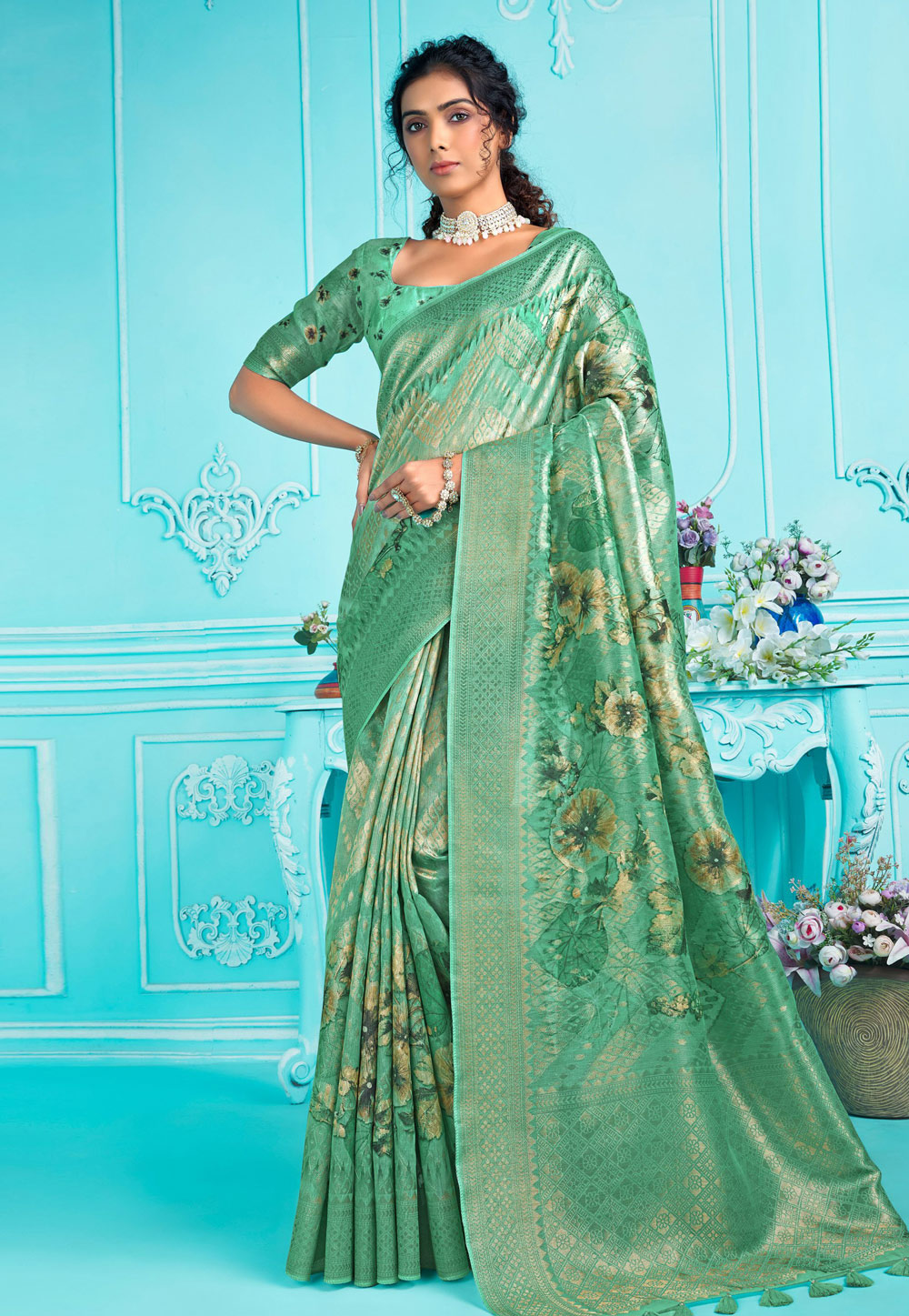 Green Organza Saree With Blouse 275204