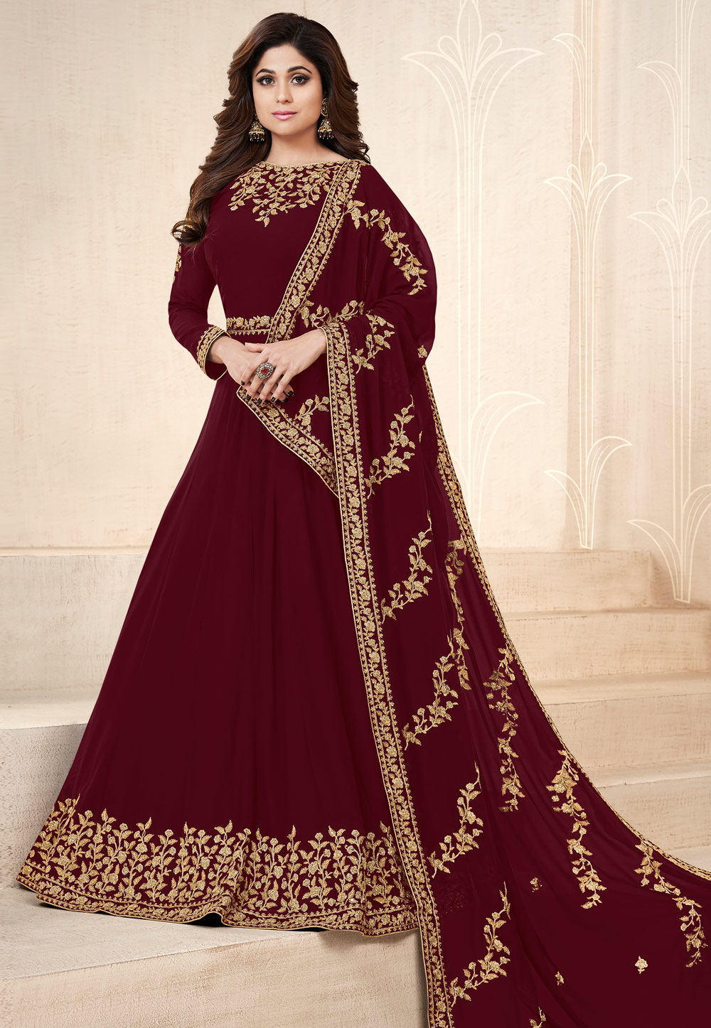 Shamita Shetty Maroon Georgette Abaya Style Anarkali Suit 165337