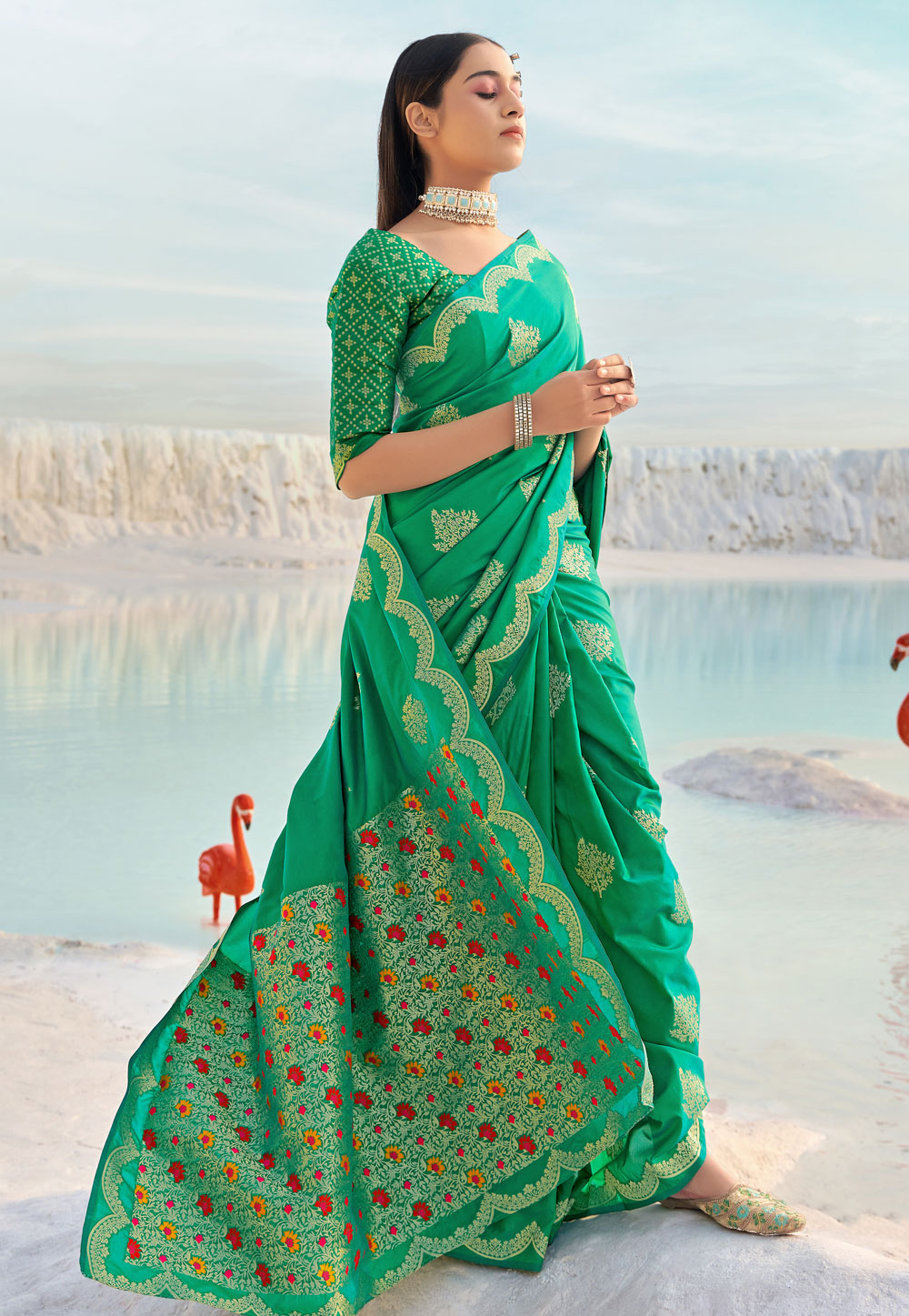 Green Banarasi Silk Festival Wear Saree 240818