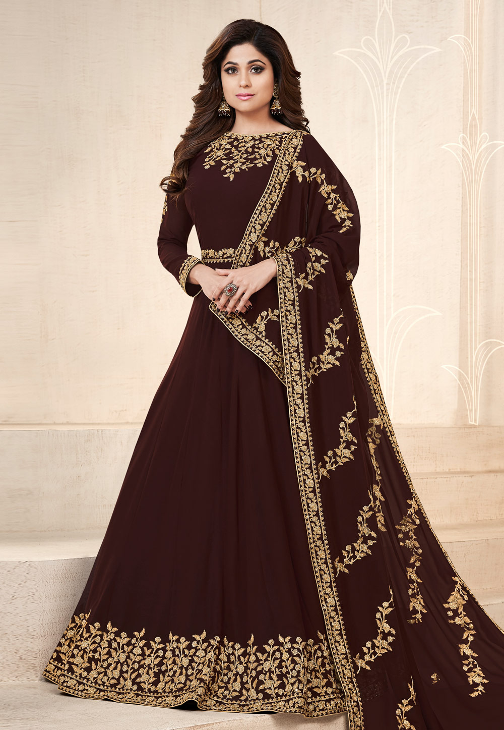 Shamita Shetty Brown Georgette Floor Length Anarkali Suit 161566