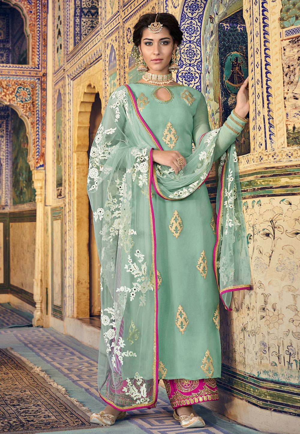 Sea Green Georgette Palazzo Suit 184602