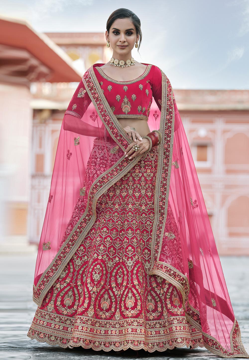 Pink Velvet Embroidered Bridal Lehenga Choli 237147