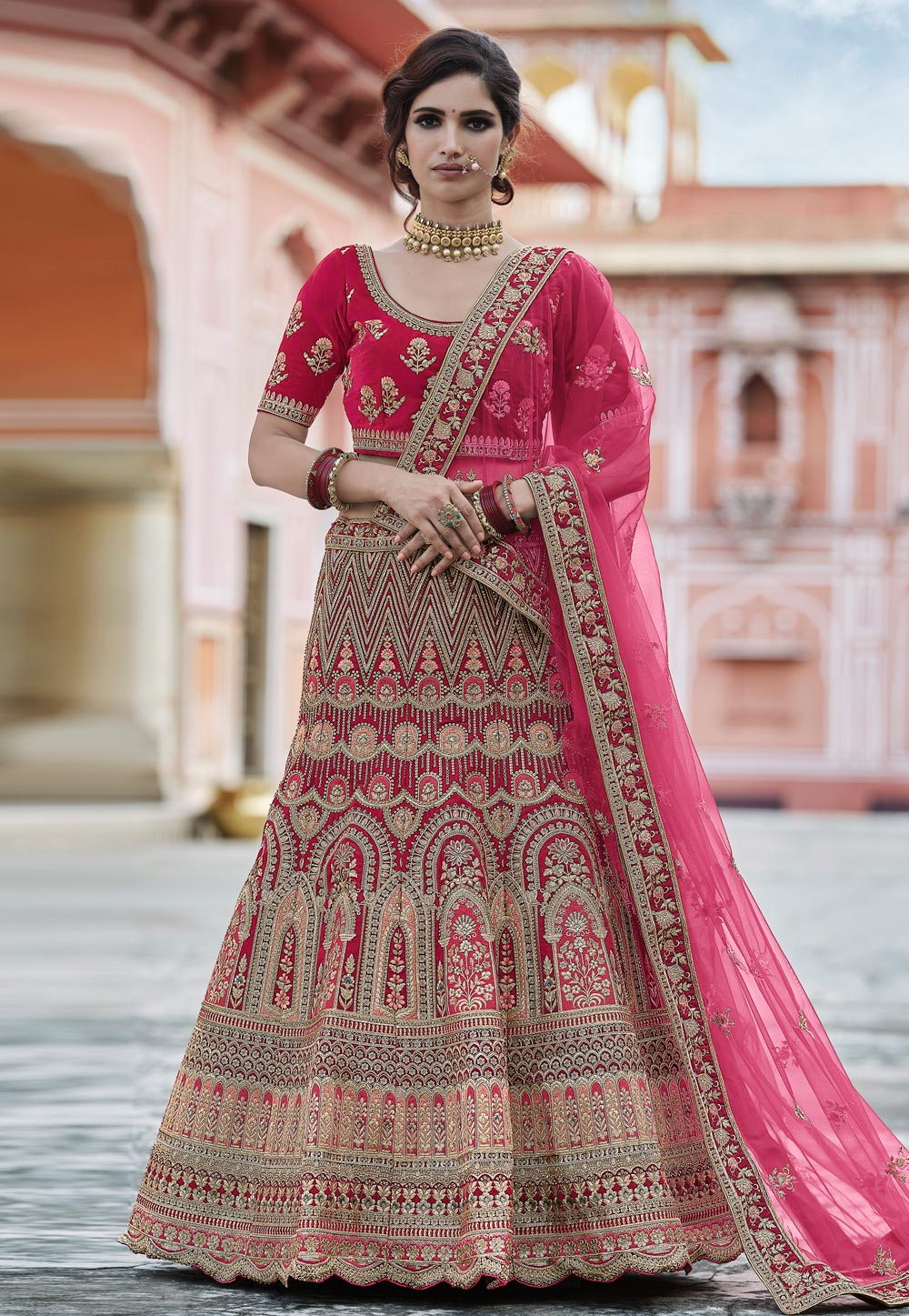 Pink Velvet Embroidered Bridal Lehenga Choli 237149