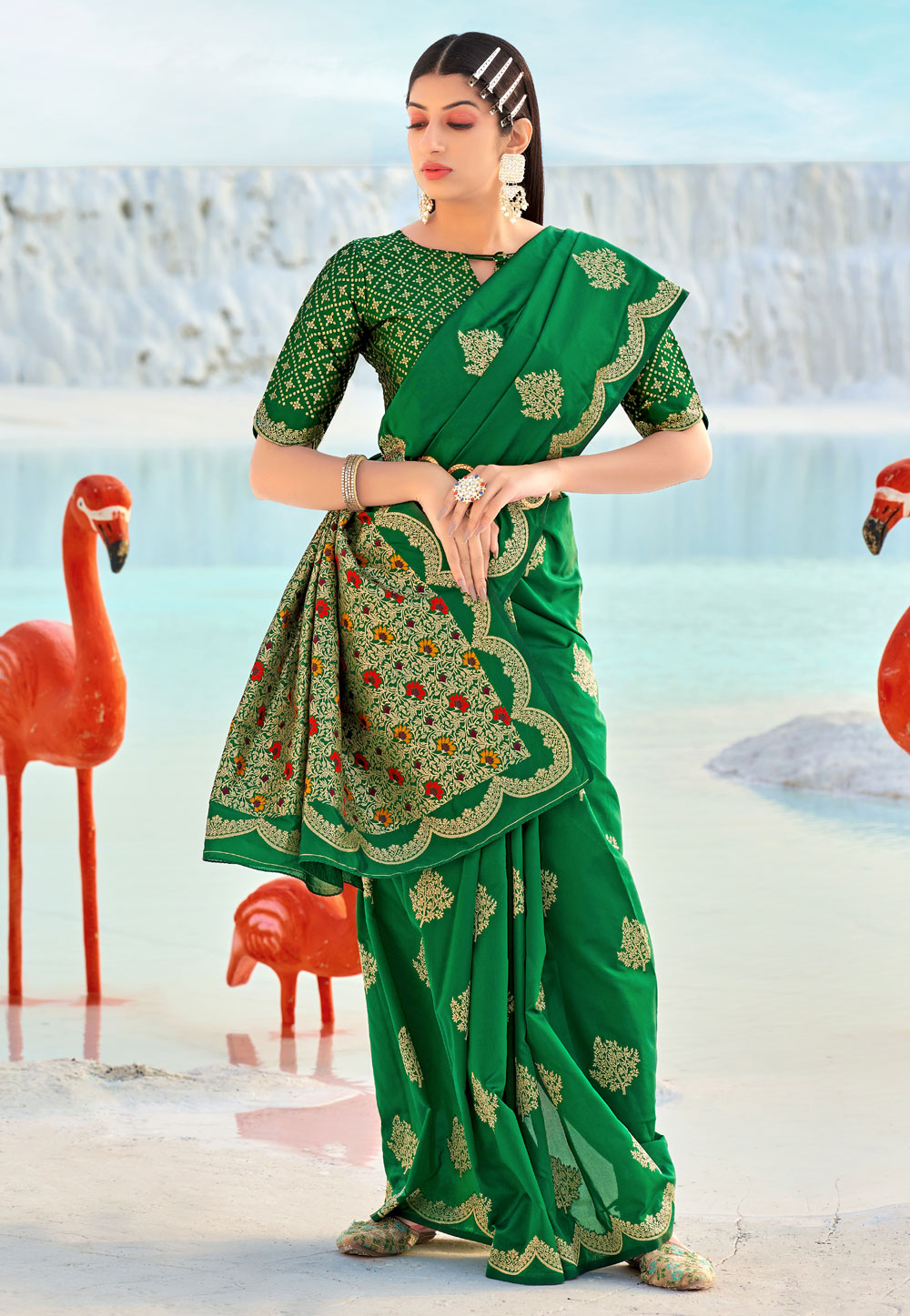 Green Banarasi Silk Festival Wear Saree 240822