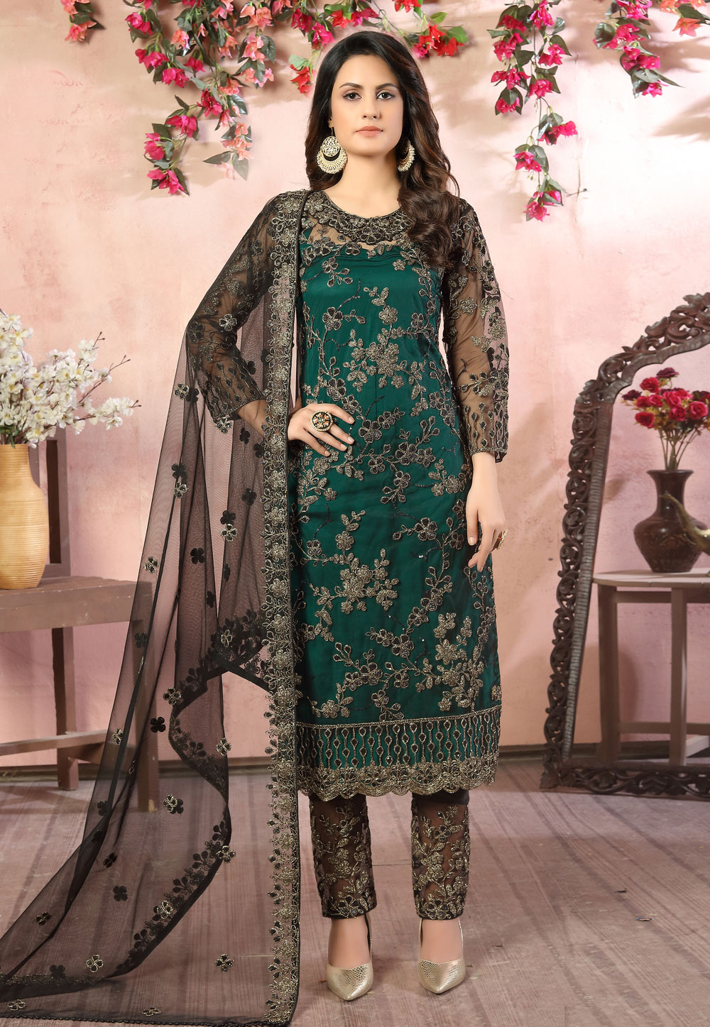 Green Net Embroidered Pant Style Suit 220393