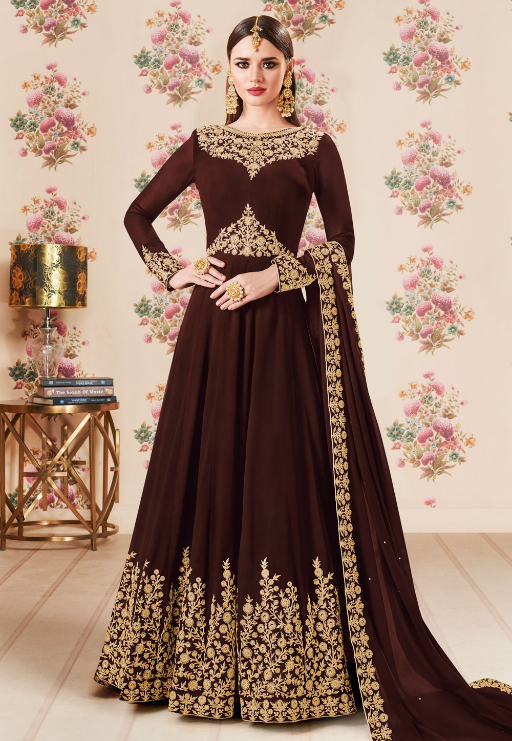 Brown Georgette Abaya Style Anarkali Suit 163341