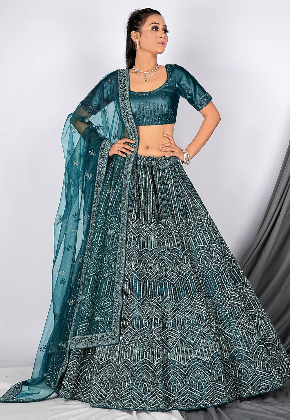 Teal Net Circular Lehenga Choli 273852