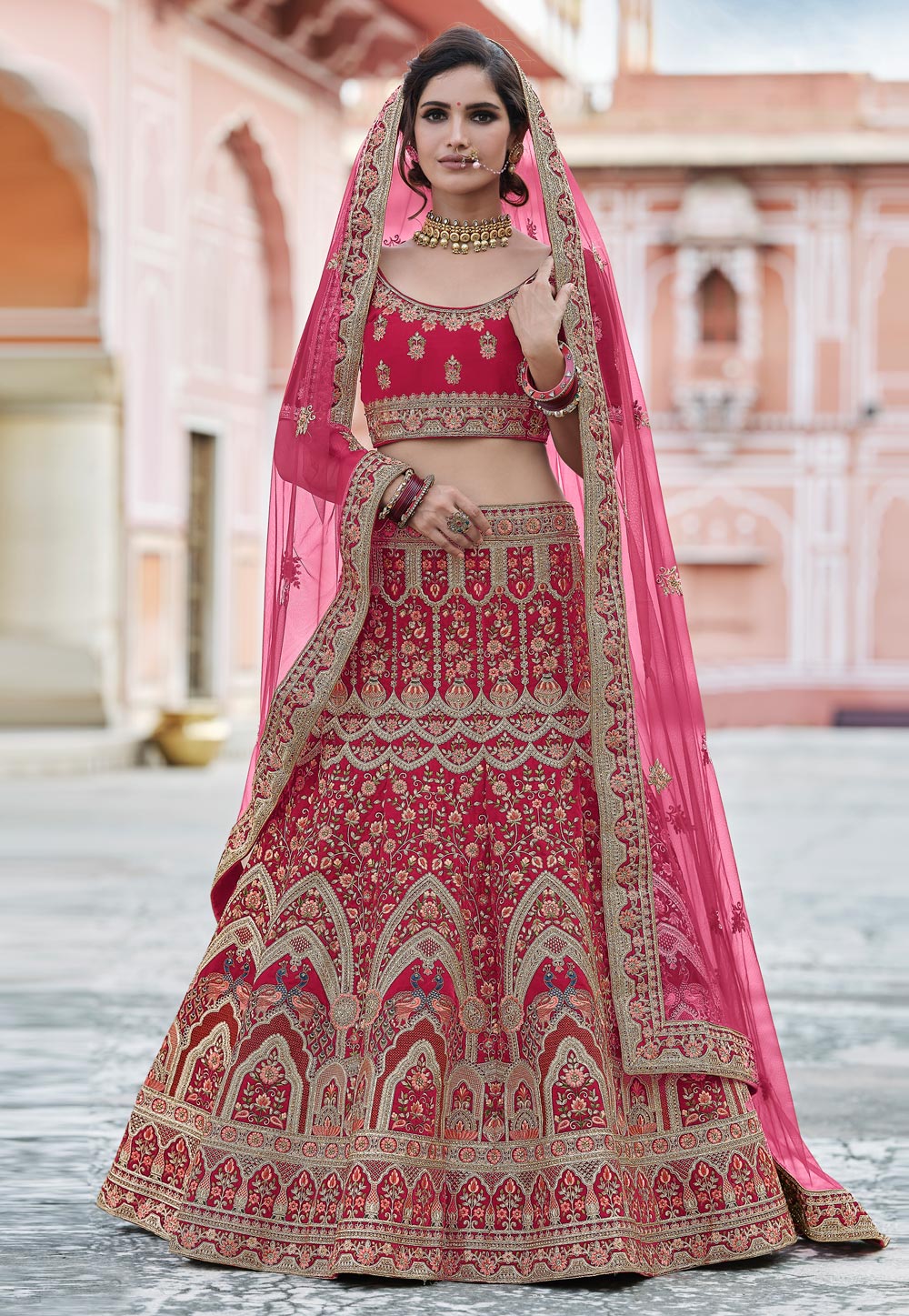 Pink Velvet Embroidered Bridal Lehenga Choli 237153