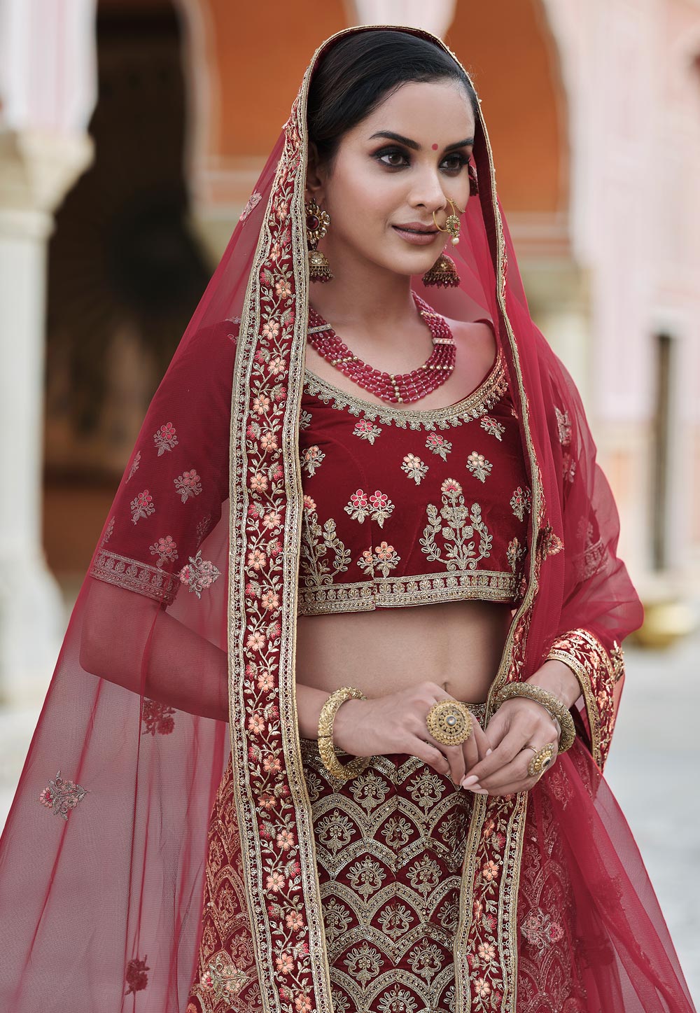 Maroon velvet embroidered bridal lehenga choli 8115