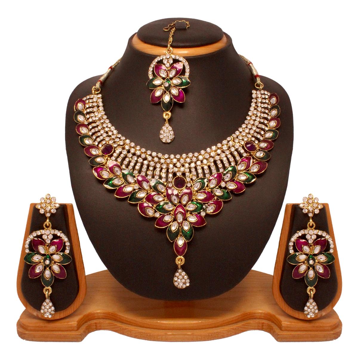 Pink and Green Heavy Set with Designer Earrings 37367