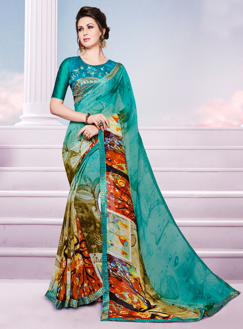Turquoise Georgette Printed Saree With Blouse 122927