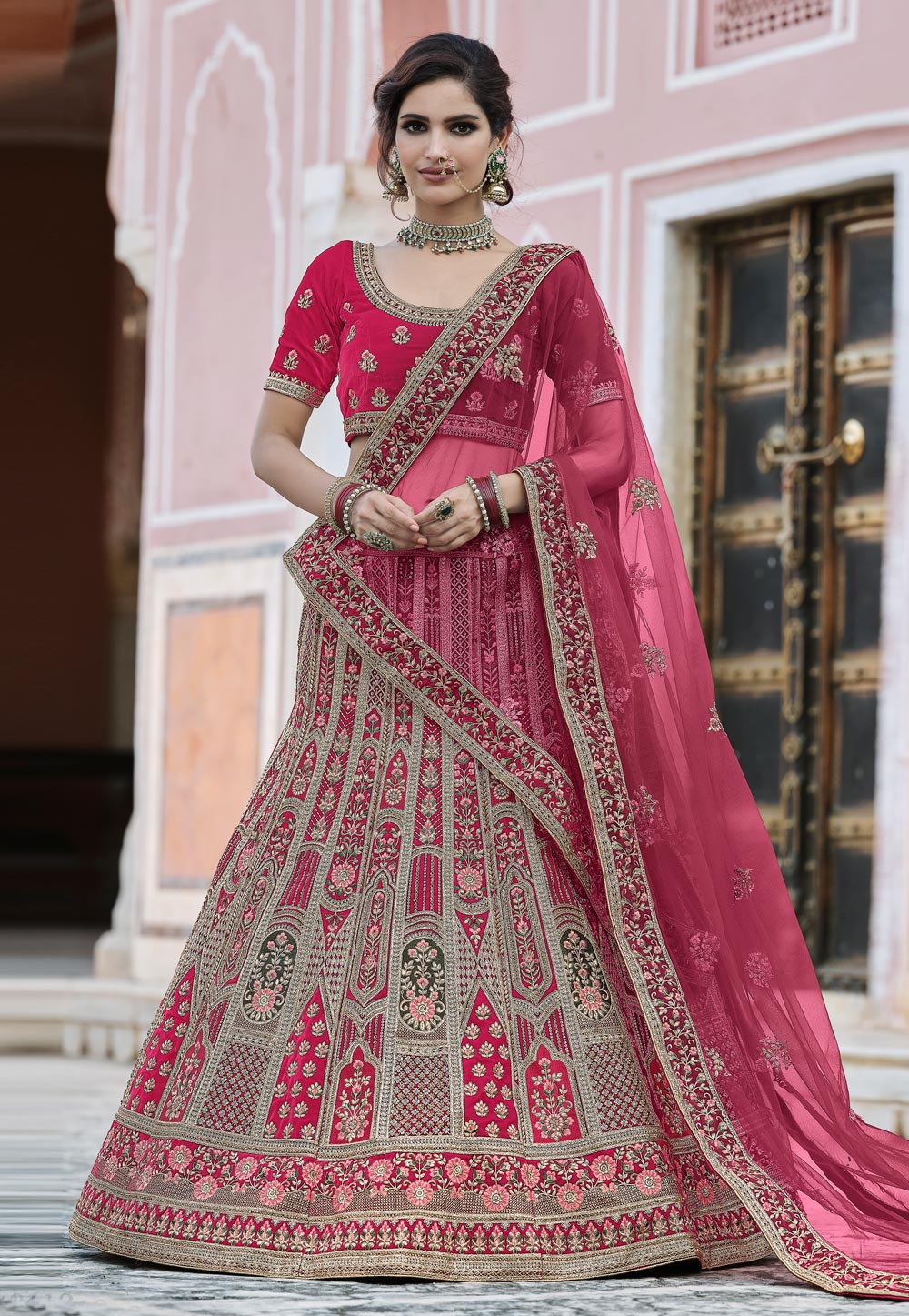 Pink Velvet Embroidered Bridal Lehenga Choli 237157