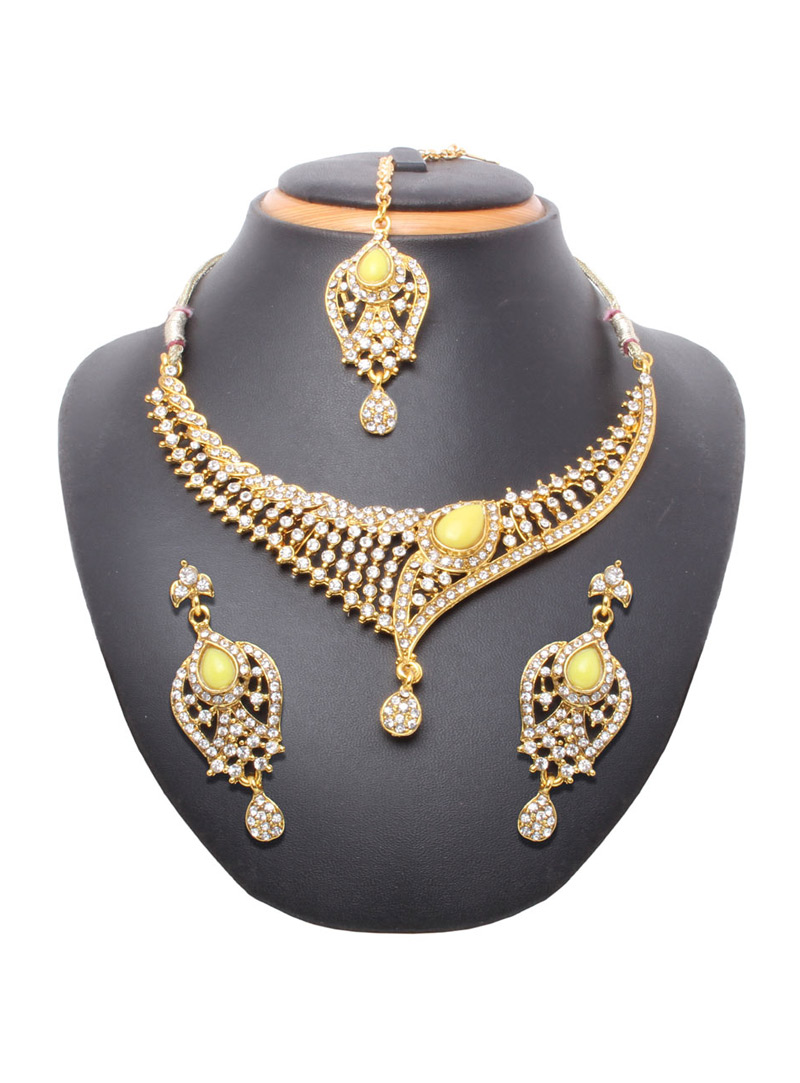 Yellow Zinc Austrian Diamonds Necklace With Earrings and Maang Tikka 64556