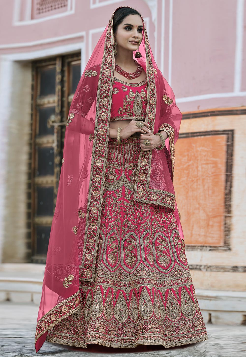 Pink Velvet Embroidered Bridal Lehenga Choli 237159