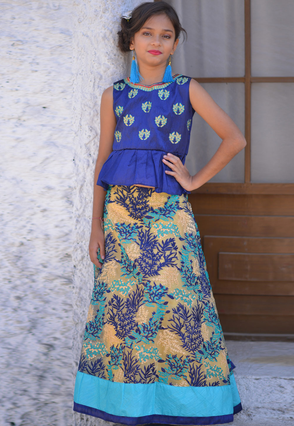 Blue Organza Printed Skirt and Peplum 163558