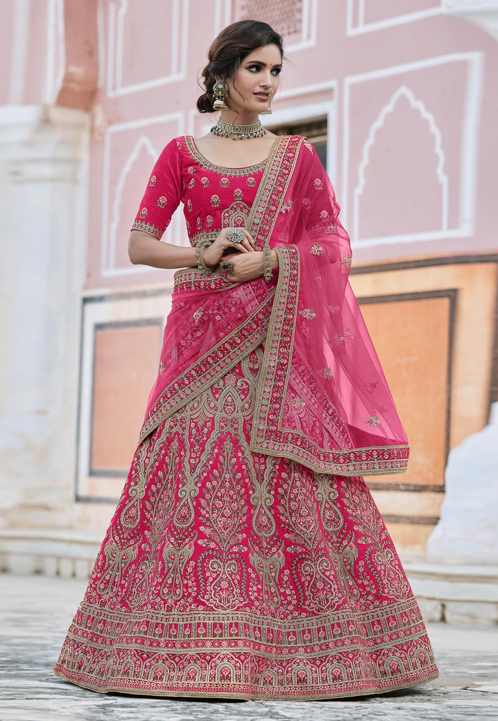 Pink Velvet Embroidered Bridal Lehenga Choli 237161