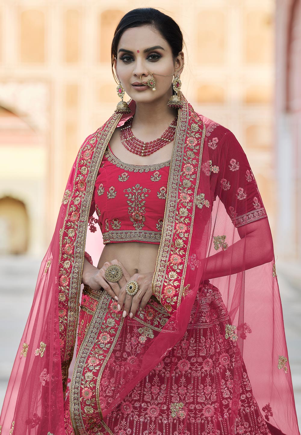 Pink Velvet Embroidered Bridal Lehenga Choli 237163