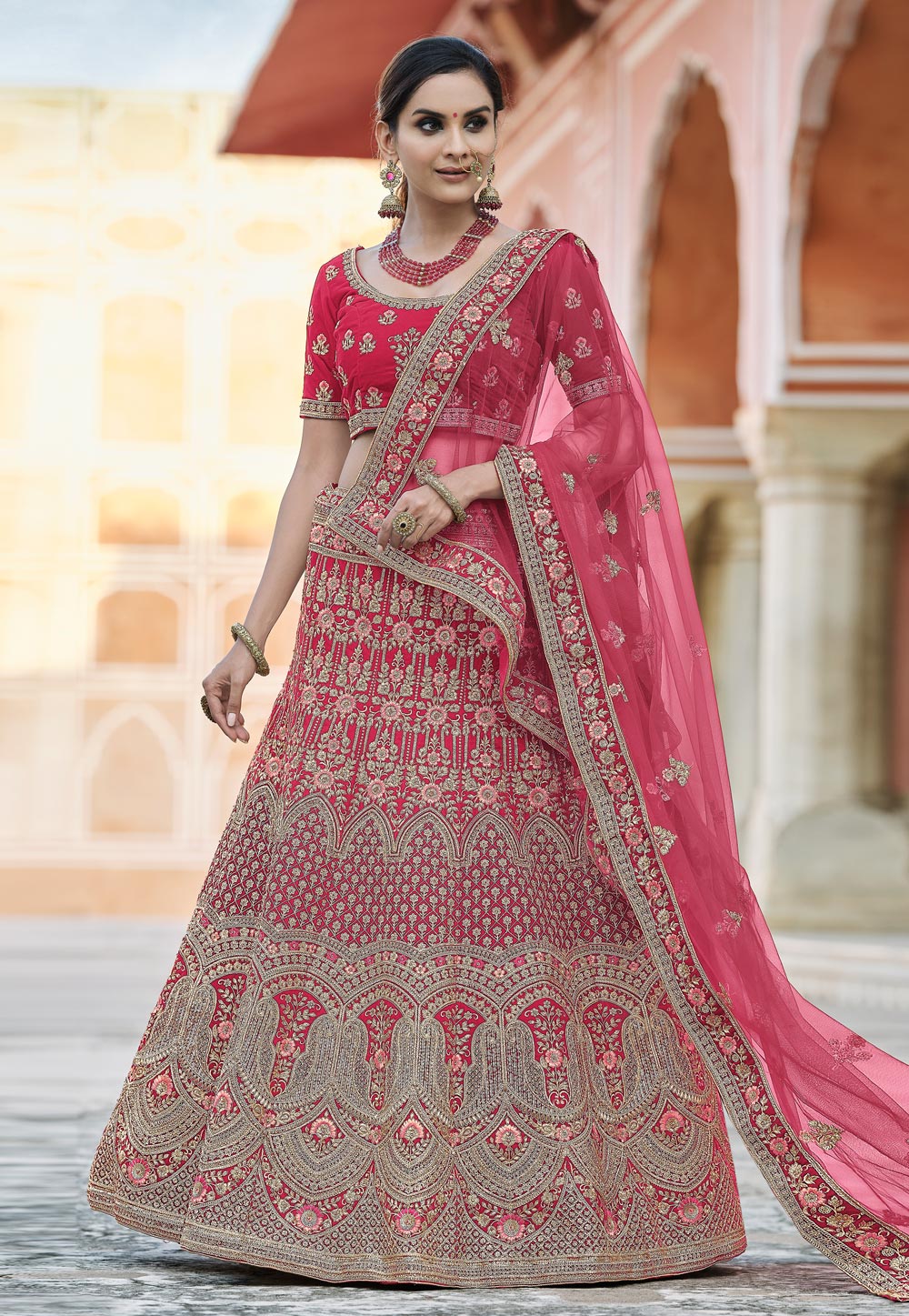 Pink Velvet Embroidered Bridal Lehenga Choli 237163