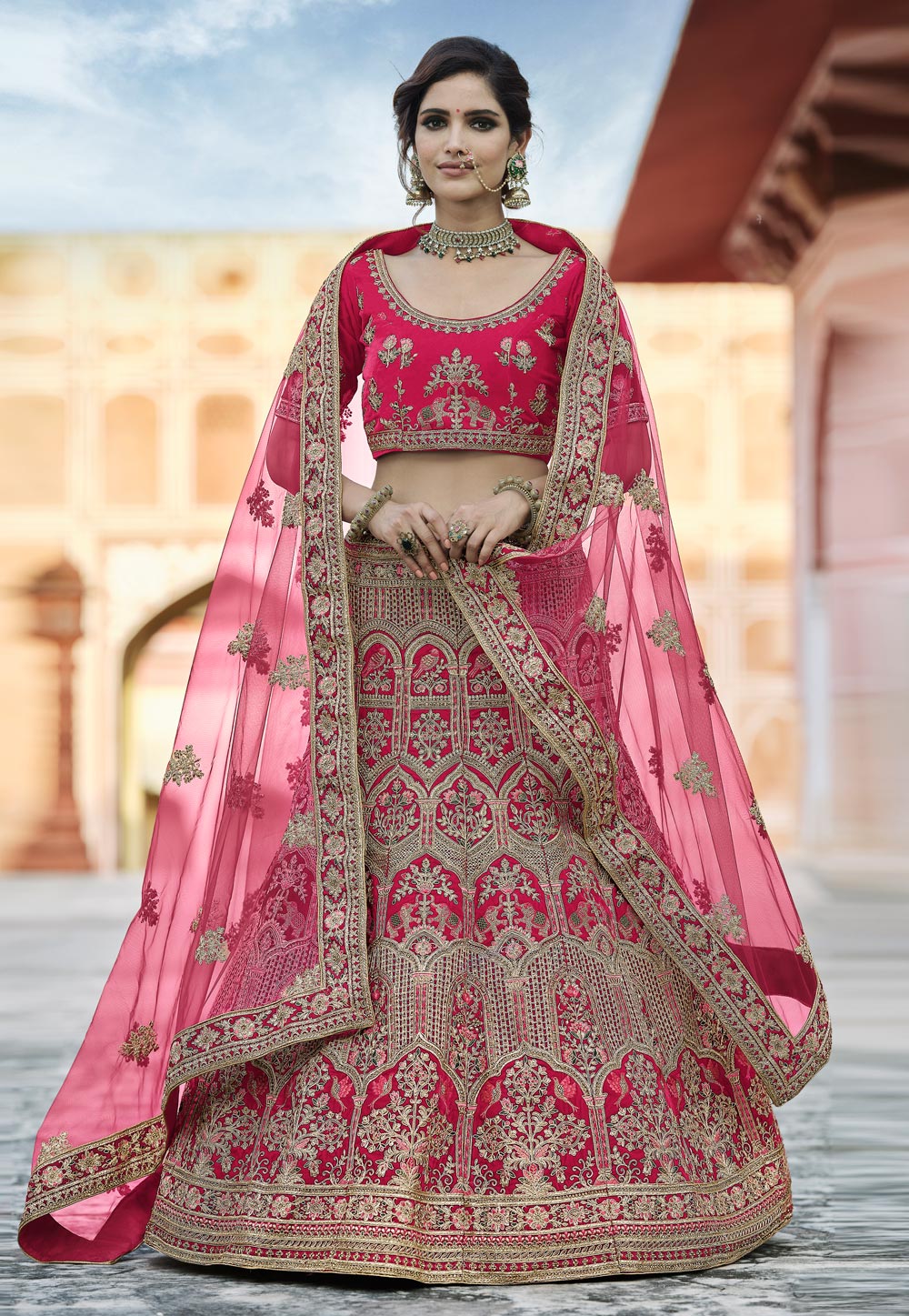 Pink Velvet Embroidered Bridal Lehenga Choli 237165