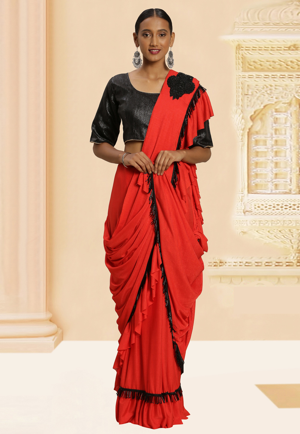 Red Silk Ruffle Border Saree With Blouse 220652