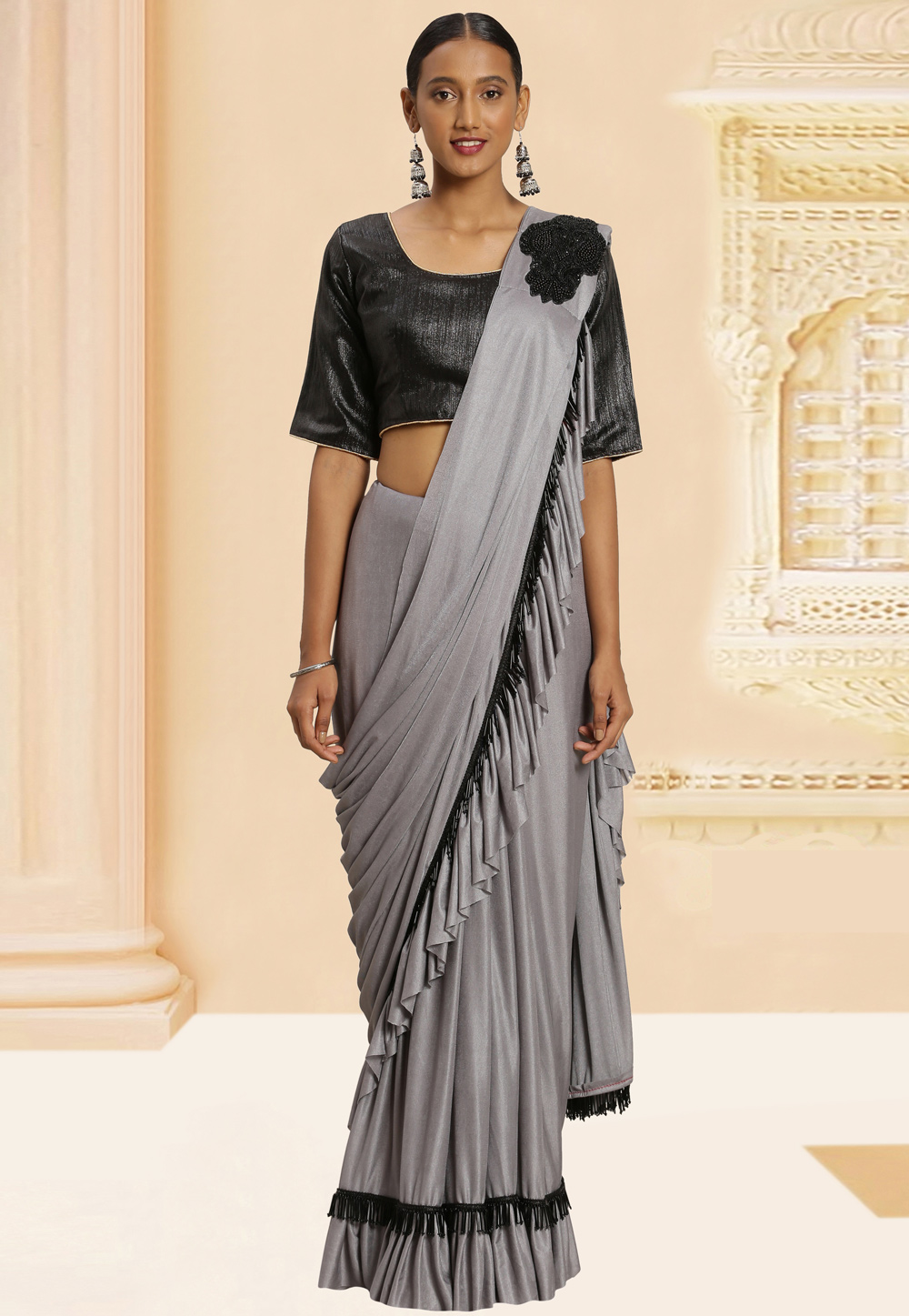 Grey Color Georgette Ruffled Saree with Readymade Blouse