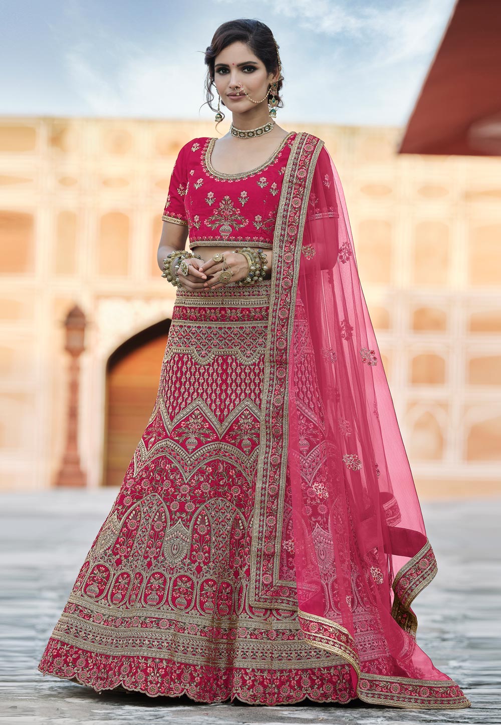 Pink Velvet Embroidered Bridal Lehenga Choli 237169