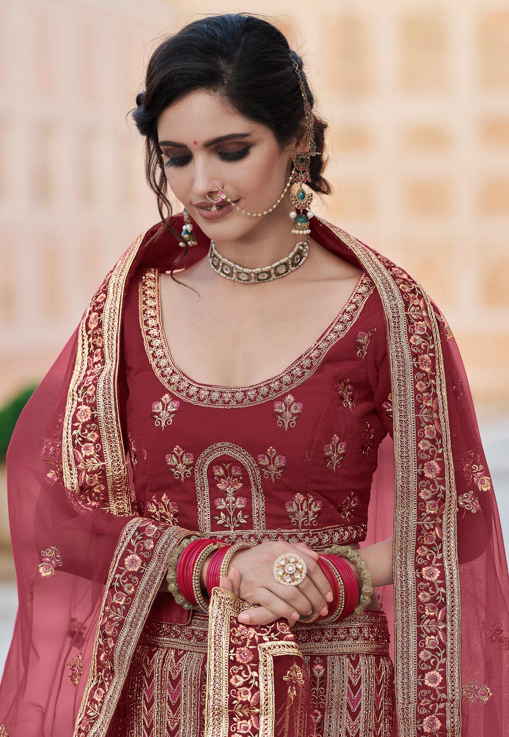 Photo of Royal bridal portrait with maroon lehenga