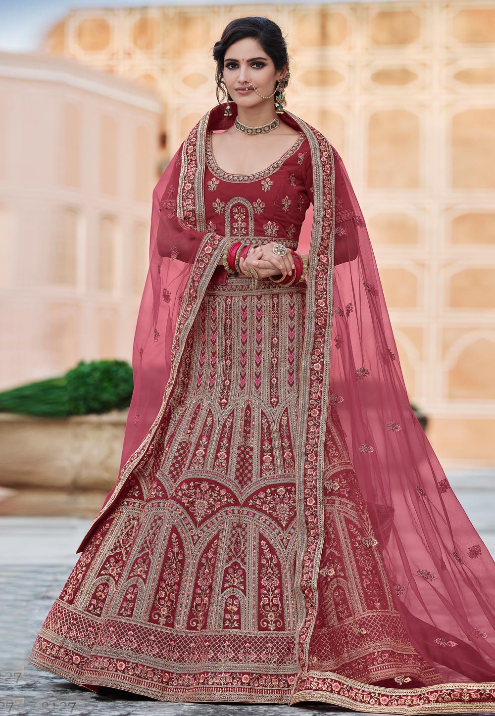 Maroon Velvet Embroidered Bridal Lehenga Choli 237172