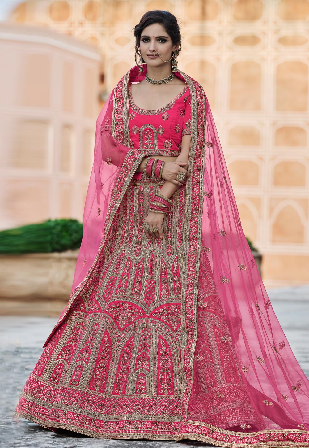 Pink Velvet Embroidered Bridal Lehenga Choli 237173