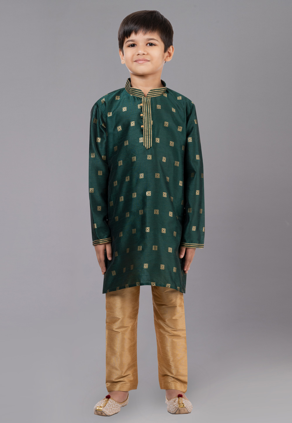 Green Dupion Silk Readymade Kids Kurta Pajama 260657