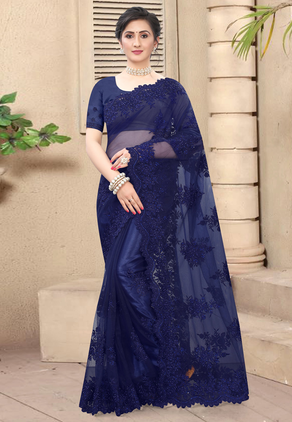 Blue Net Saree With Blouse 218597