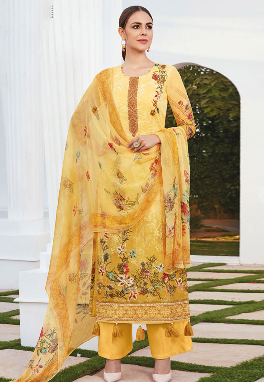 Yellow Cotton Pakistani Style Suit 154966