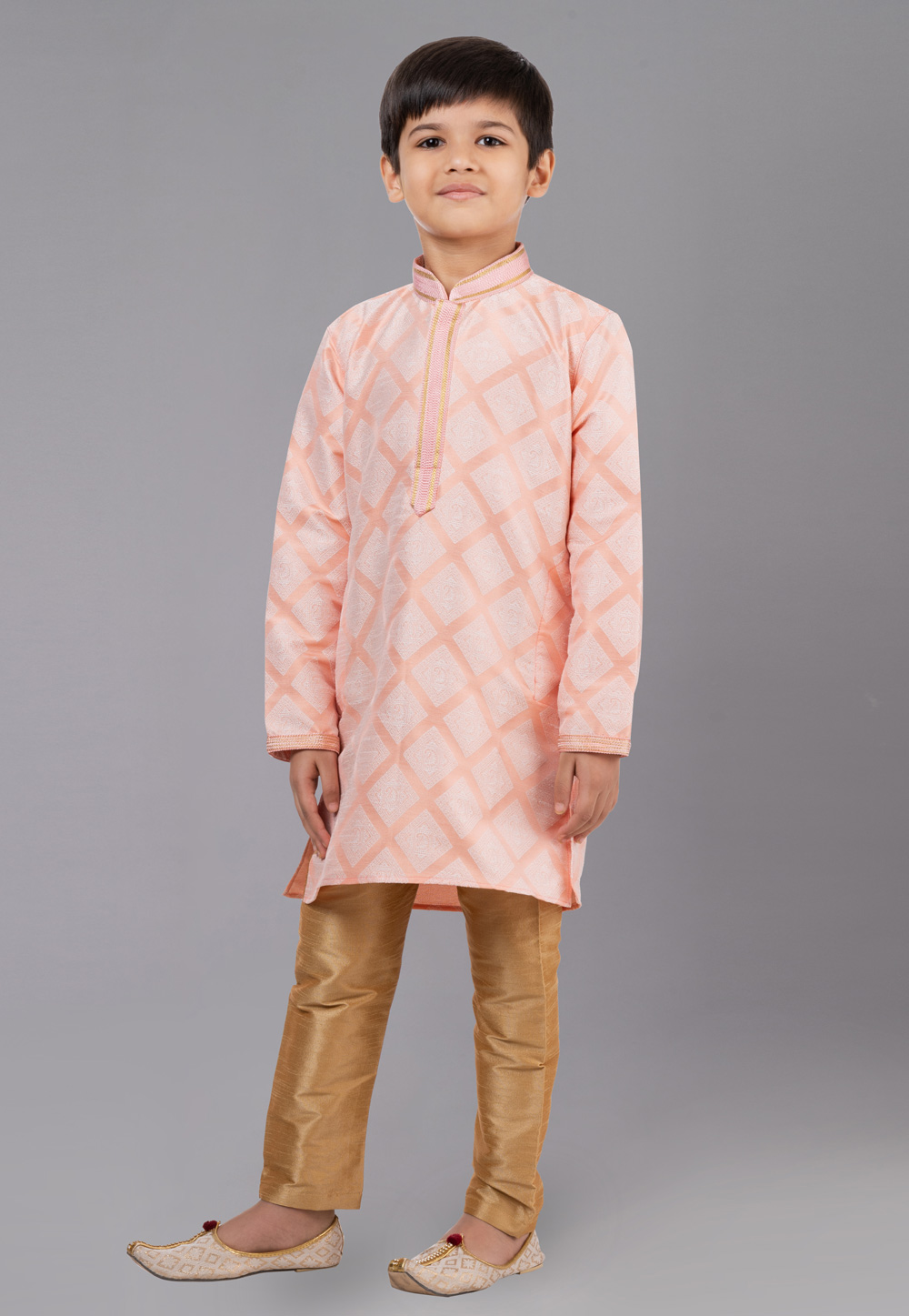 Peach Jacquard Silk Readymade Kids Kurta Pajama 260658