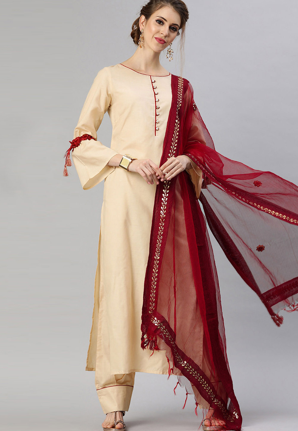 Beige Cotton Readymade Kameez With Palazzo 200048