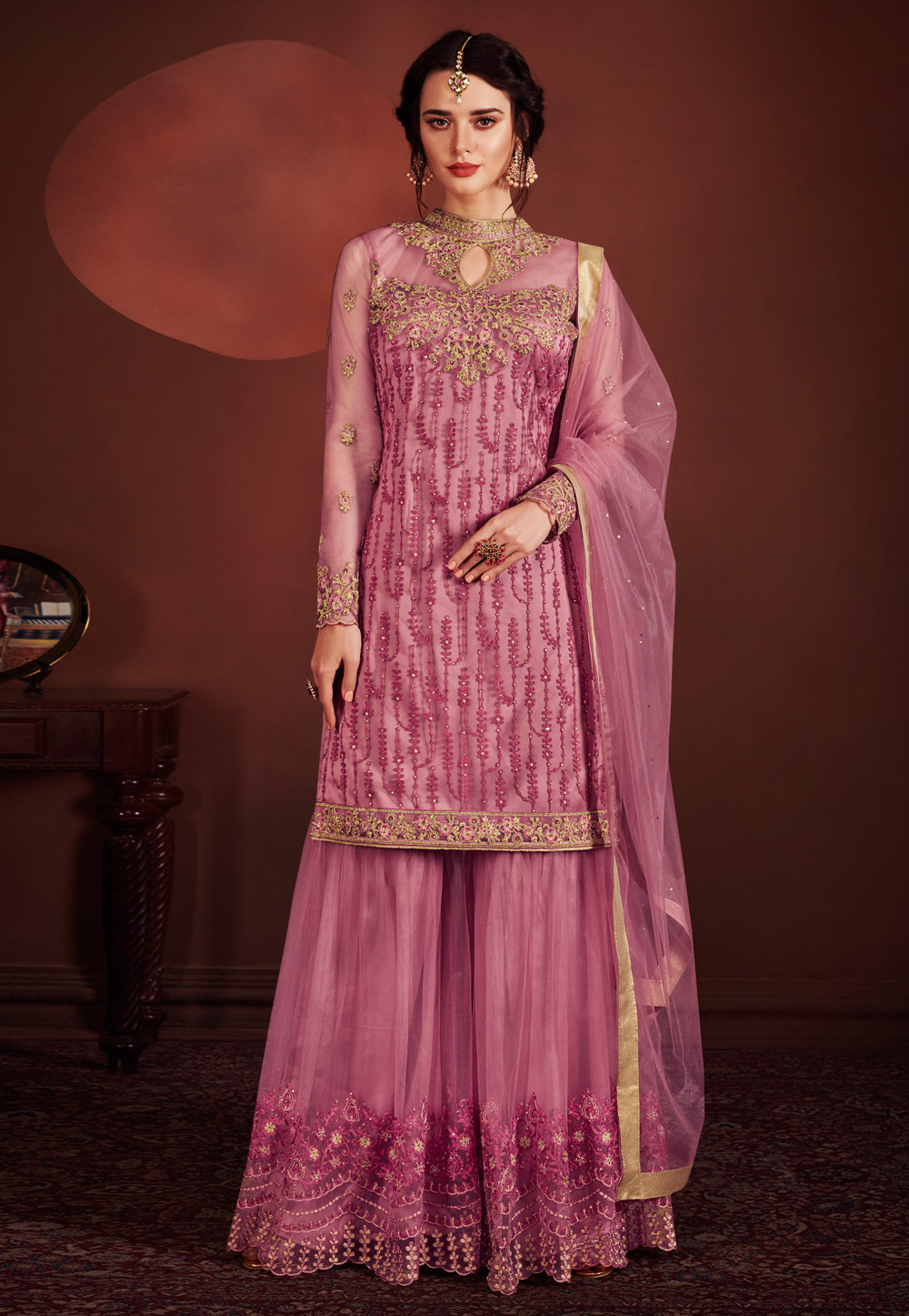 Pink Net Palazzo Suit 157489