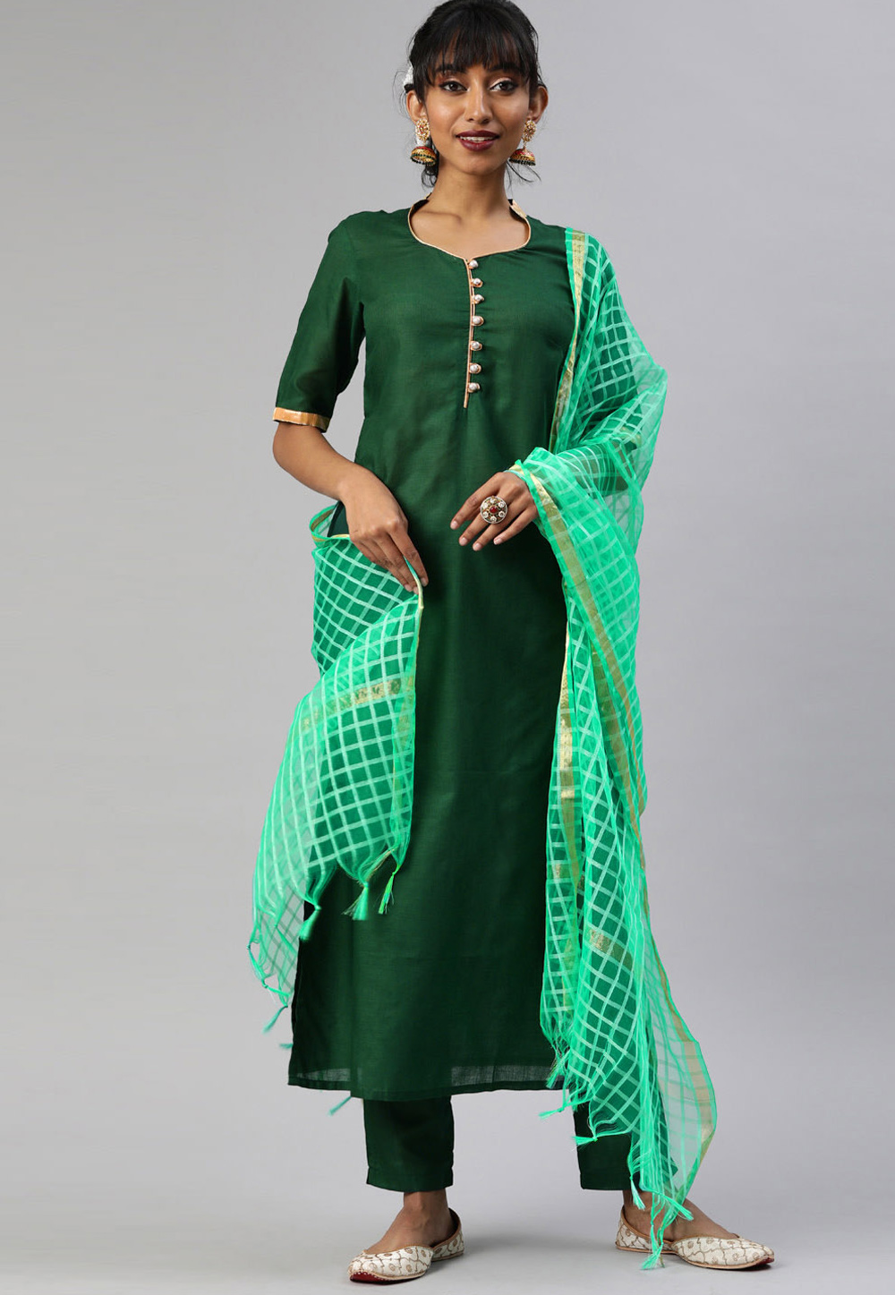 Green Cotton Readymade Palazzo Suit 200049