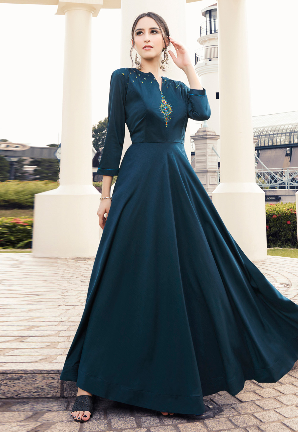 Navy Blue Muslin Readymade Gown 187883