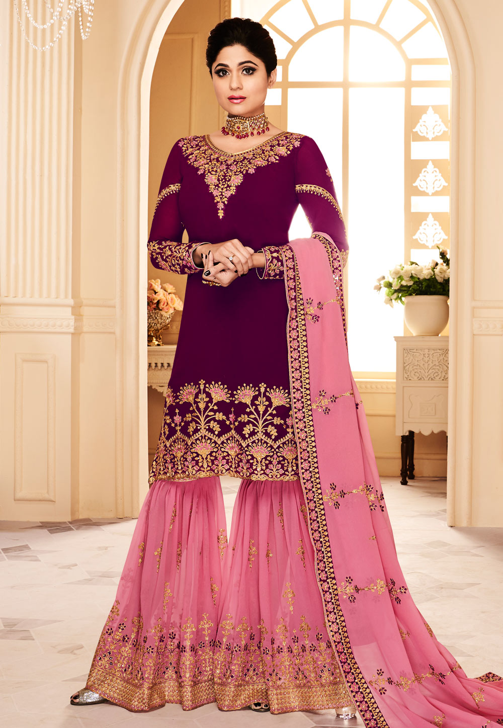 Shamita Shetty Purple Georgette Sharara Style Suit 160875