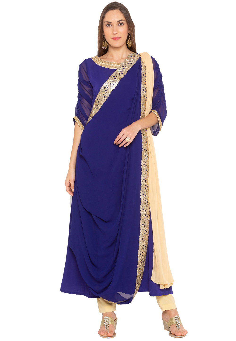 Blue Georgette Readymade Draped Kameez With Pant 188154