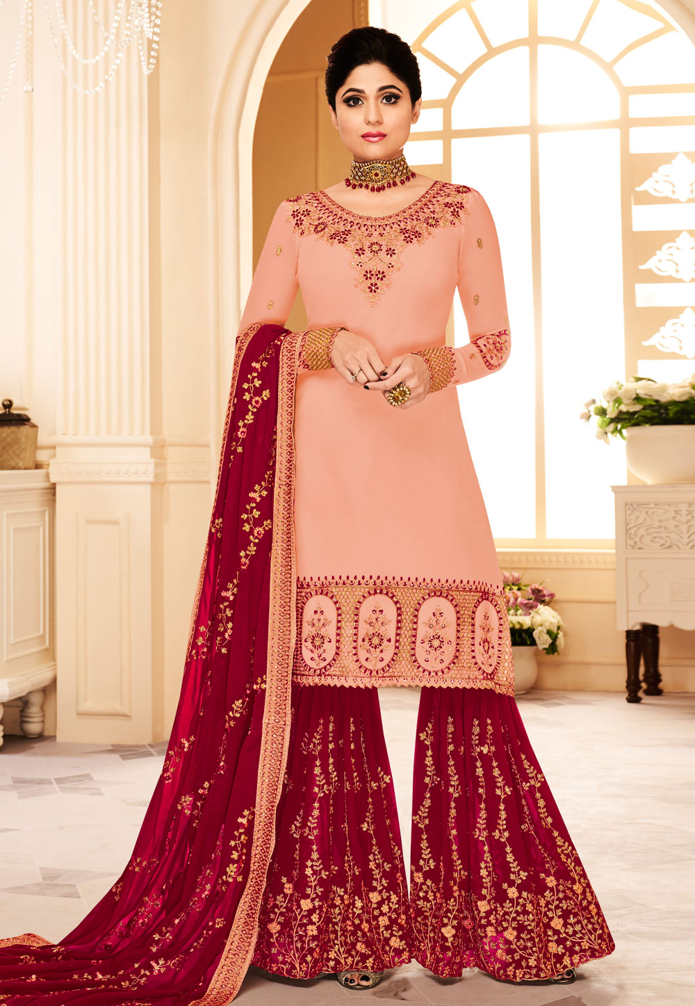 Shamita Shetty Peach Georgette Sharara Style Suit 160877