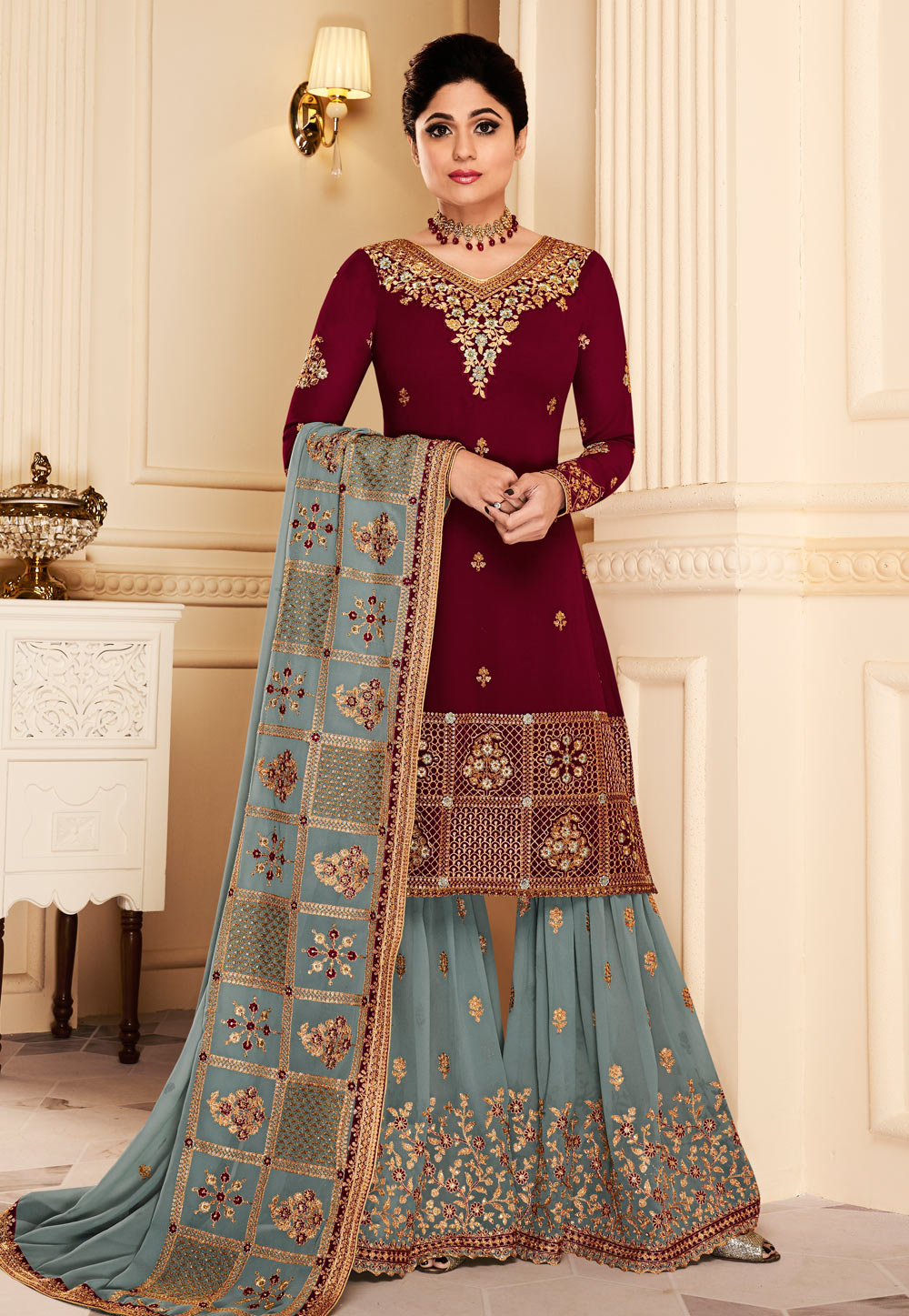 Shamita Shetty Maroon Georgette Sharara Style Suit 160879