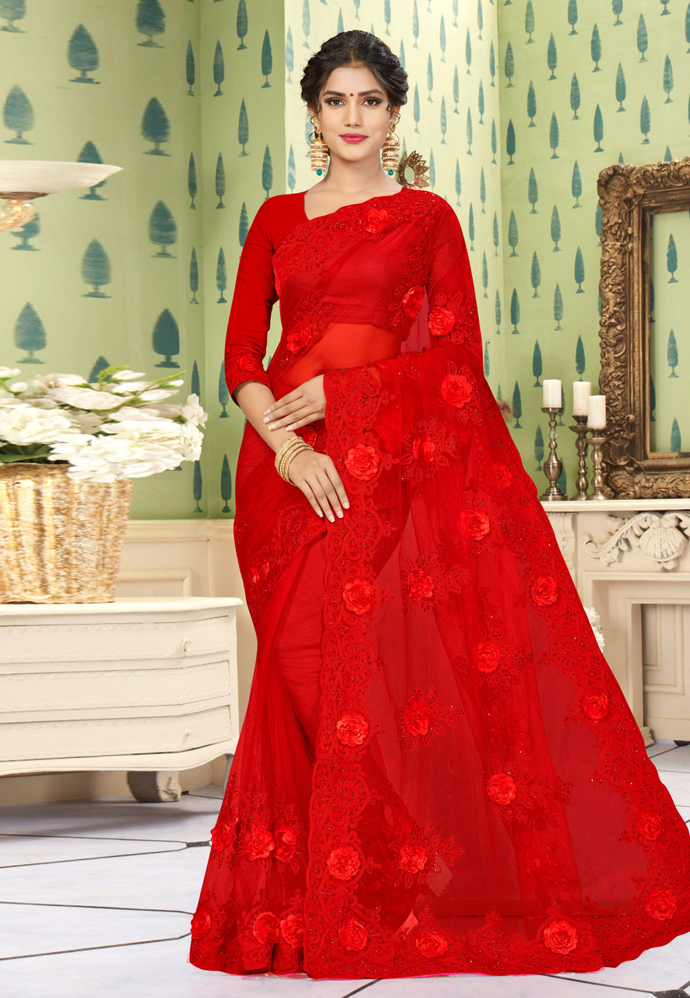 Red Net Saree With Blouse 218399