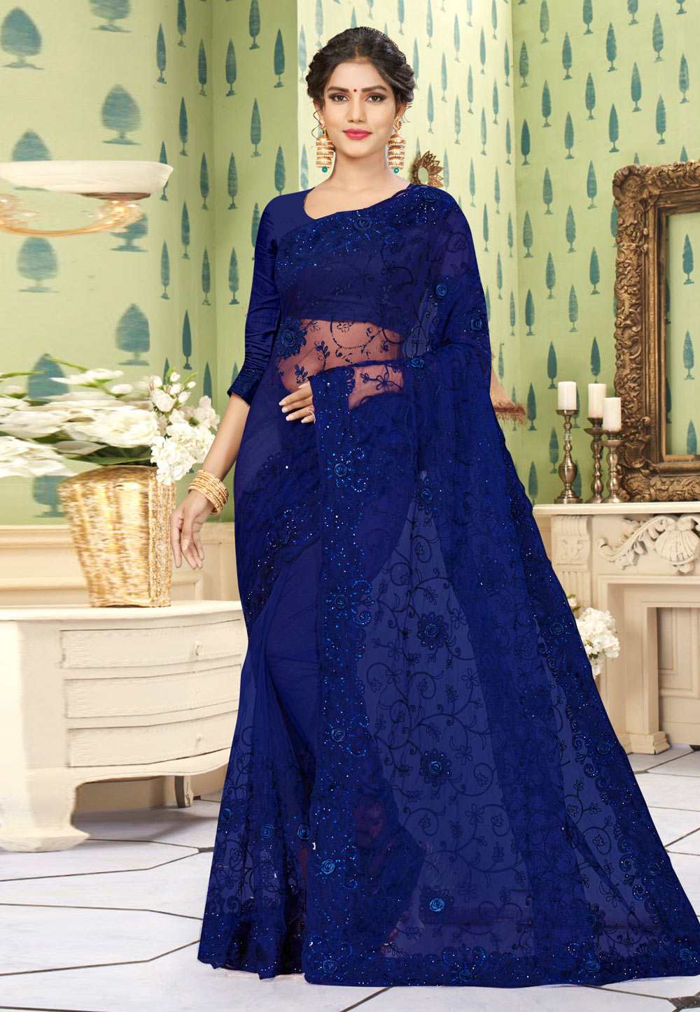 Blue Net Embroidered Saree With Blouse 218400