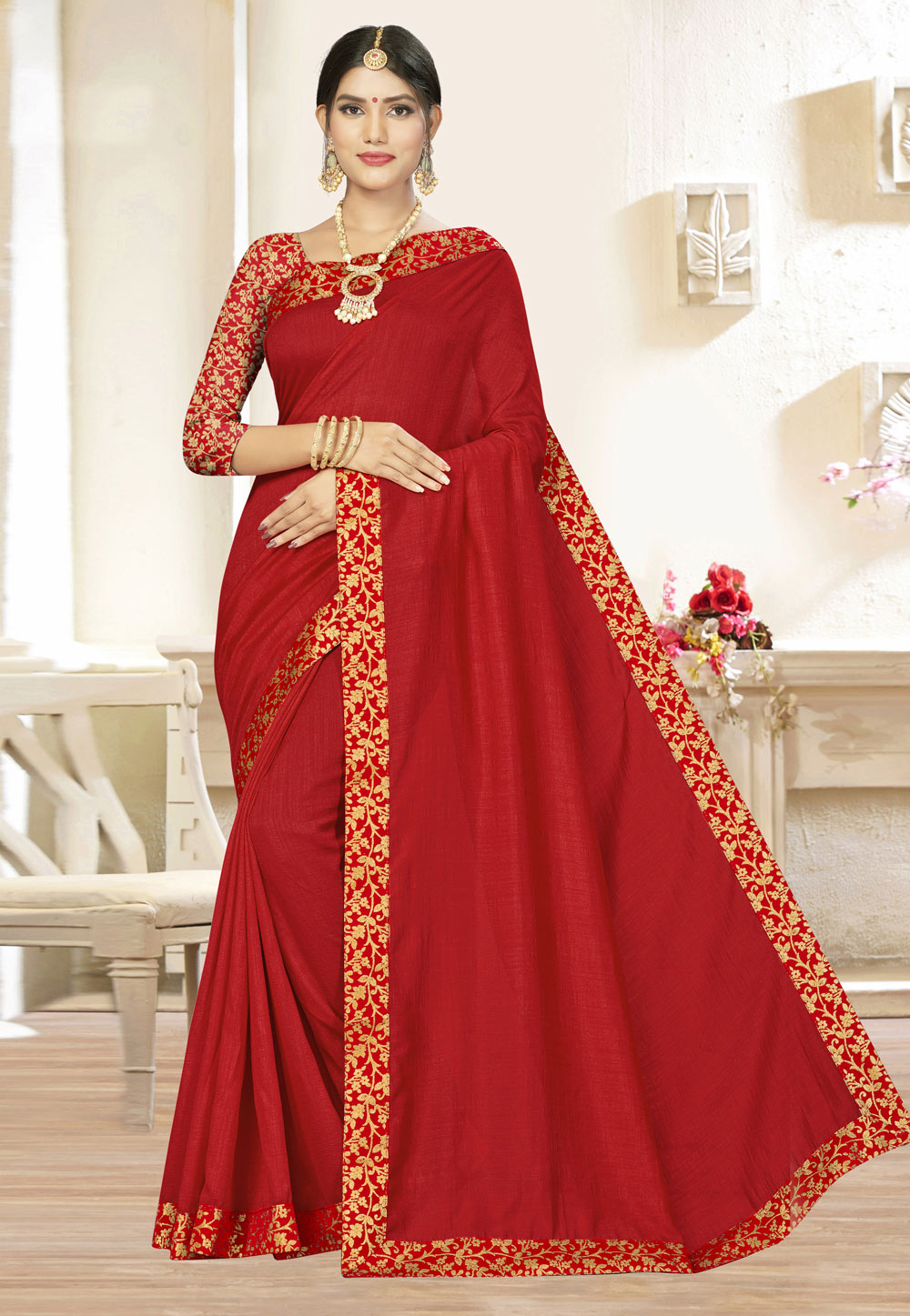 Red Silk Saree With Blouse 220206