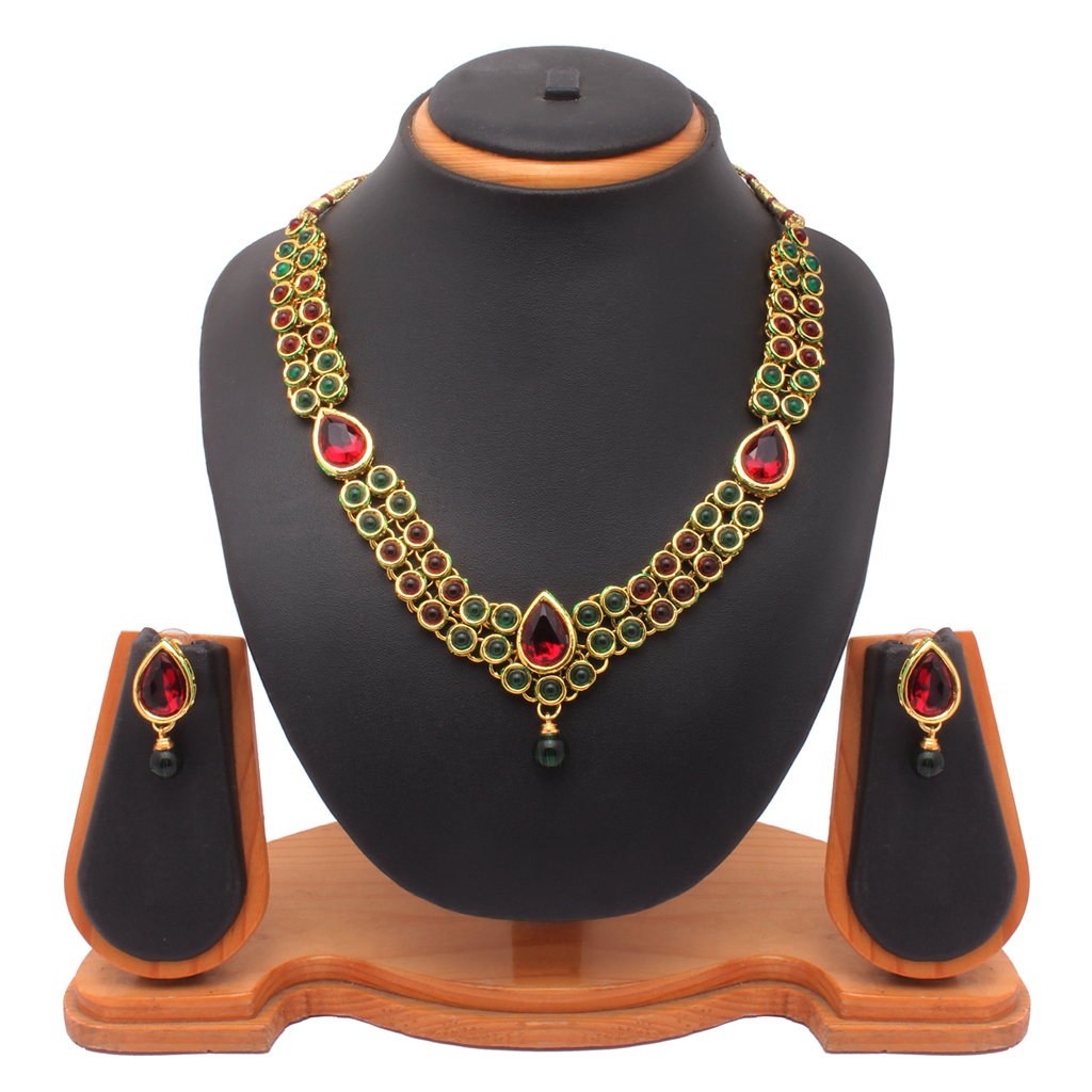 Green Alloy Kundans Necklace With Earrings 43946