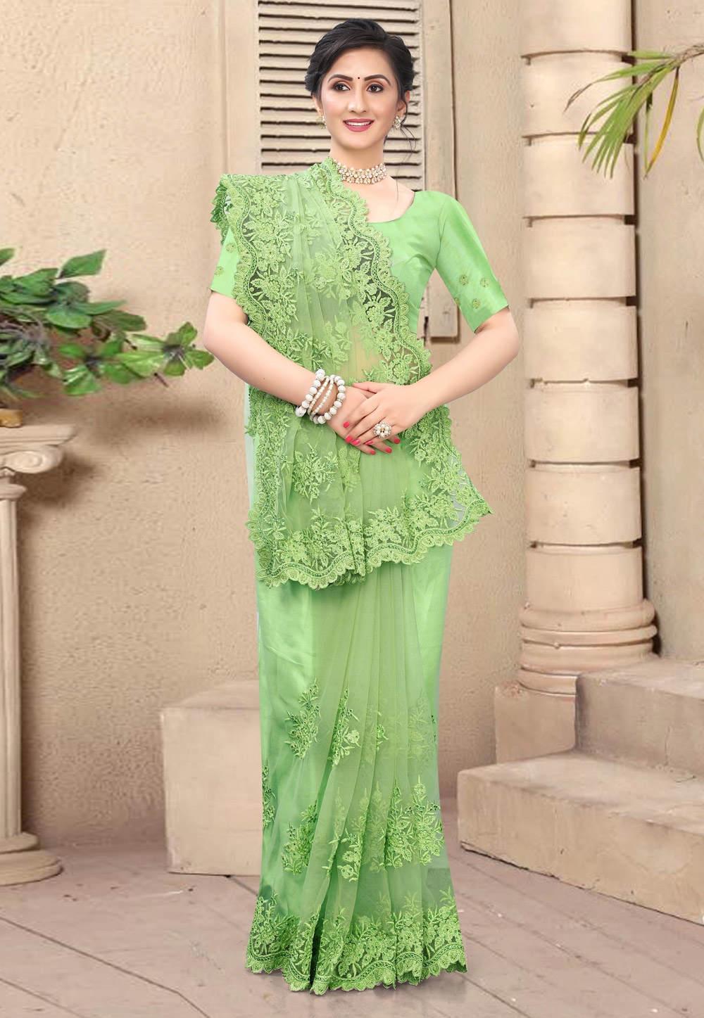 Green Net Saree With Blouse 218601